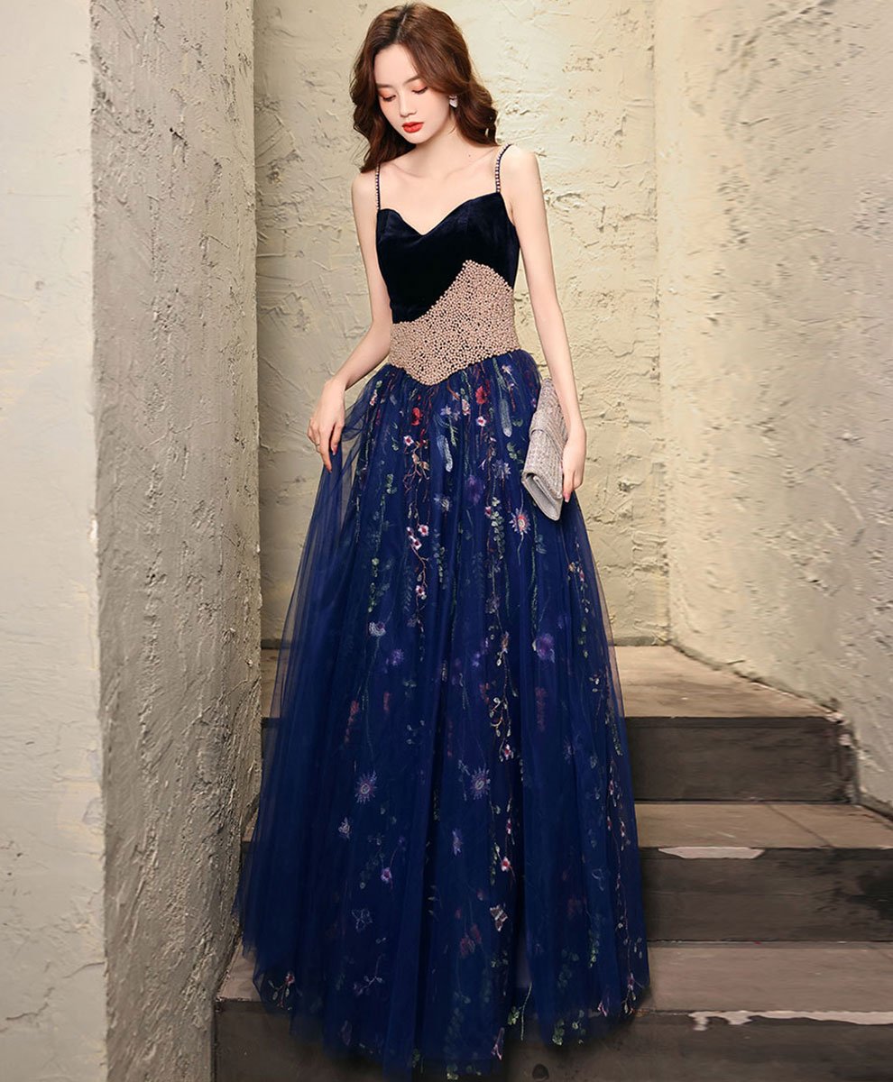 Tmallworld Charming Navy Blue Velvet and Tulle Floral Straps Evening Dress, Blue Formal Dress Prom Dress