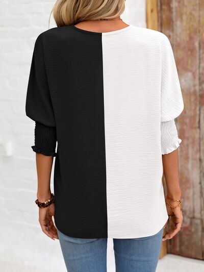 swvws Contrast V-Neck Lantern Sleeve Blouse