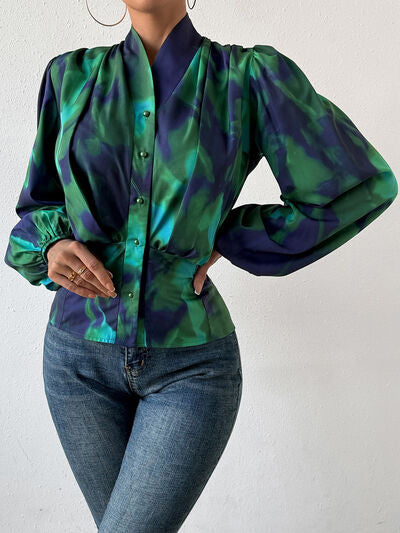 swvws Tie-Dye Button Up Balloon Sleeve Blouse