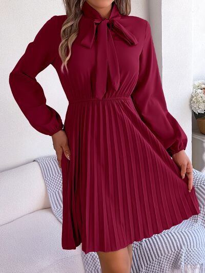 swvws Tie Neck Balloon Sleeve Pleated Dress