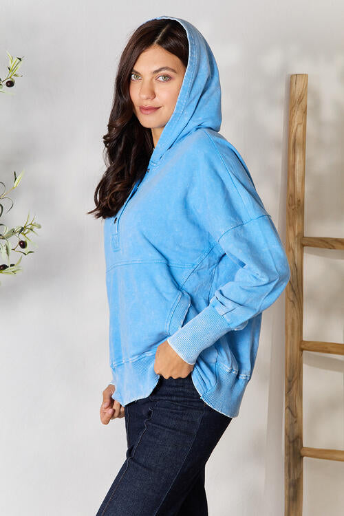 swvws Zenana Half Snap Long Sleeve Hoodie with Pockets