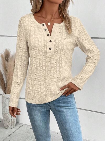 swvws Openwork Half Button Long Sleeve Blouse