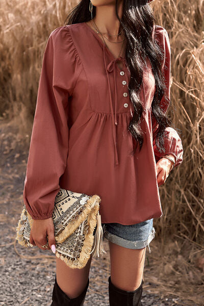 swvws Tied Decorative Button Balloon Sleeve Blouse