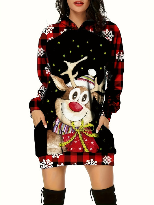 Christmas Reindeer Print Hoodie Dress for Women - Casual Polyester Flannel Fitted Dress with Santa Hat and Snowflake Pattern, Adult Winter Holiday Fashion