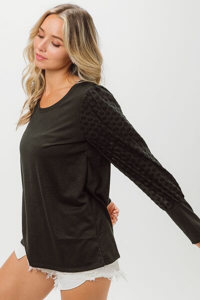 swvws BiBi Round Neck Polka Dot Lantern Sleeve Top