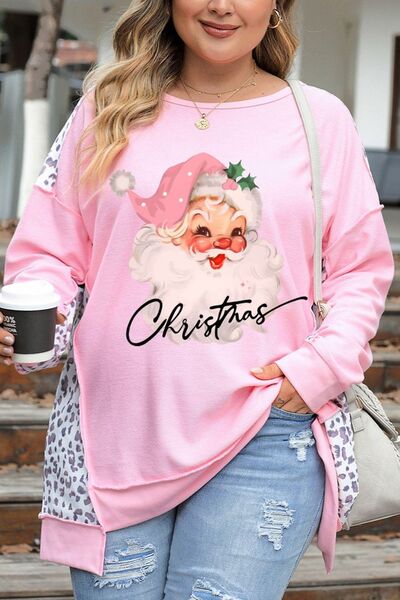 swvws Plus Size Santa Leopard Dropped Shoulder Sweatshirt