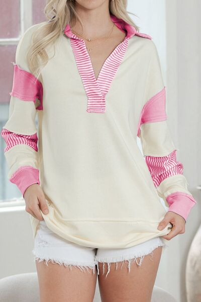 swvws Striped Contrast Johnny Collar Dropped Shoulder Sweatshirt