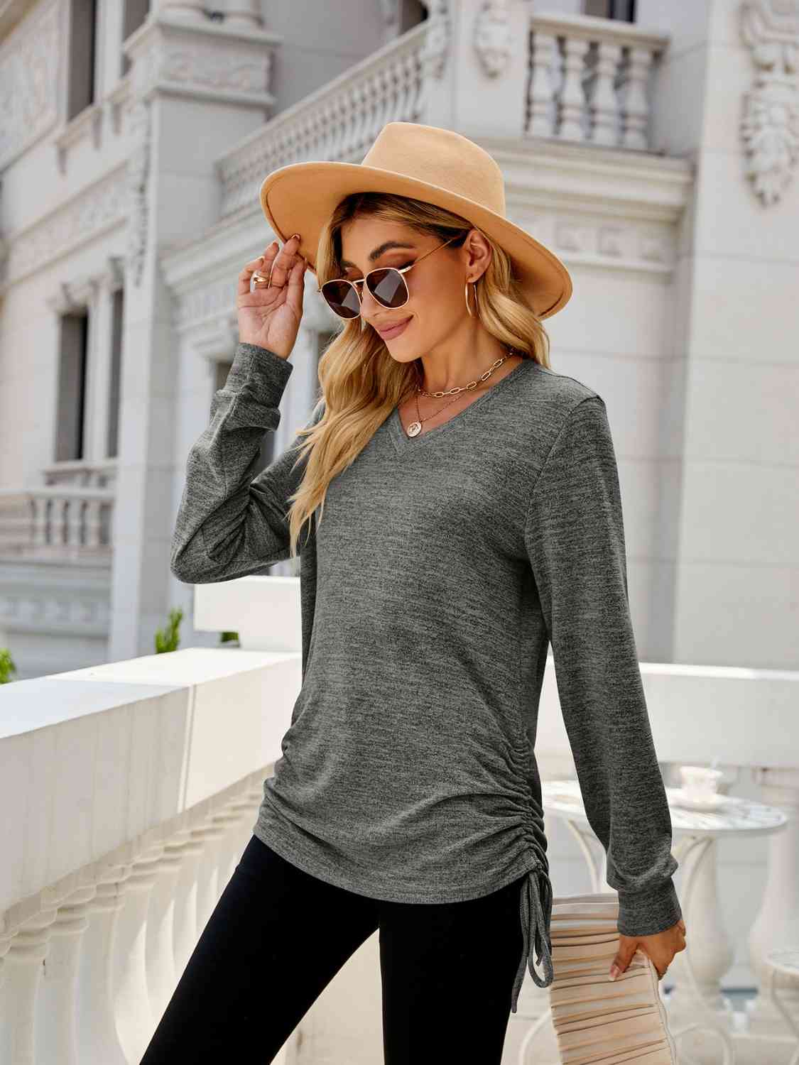 swvws Drawstring V-Neck Long Sleeve T-Shirt