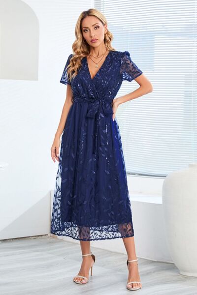 swvws Sequin Leaf Embroidery Tie Front Short Sleeve Dress