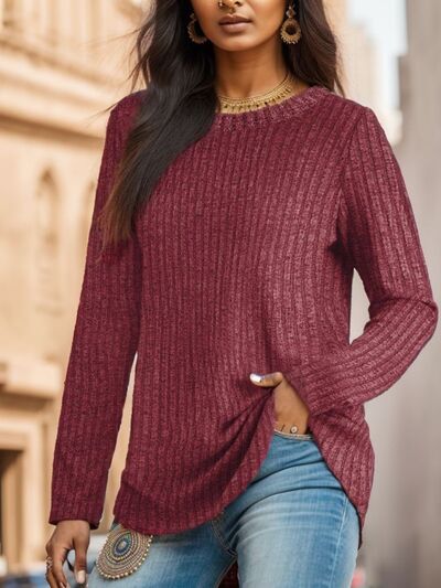 swvws Ribbed Round Neck Long Sleeve Blouse