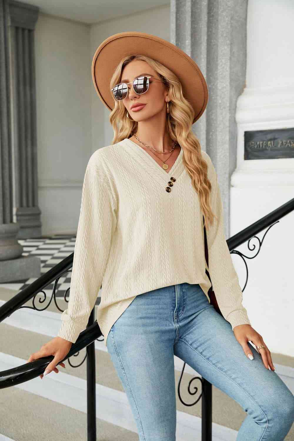 swvws Decorative Button V-Neck Long Sleeve T-Shirt