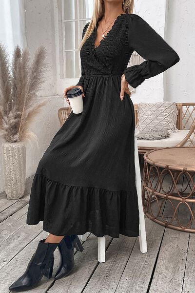 swvws Smocked Surplice Flounce Sleeve Midi Dress