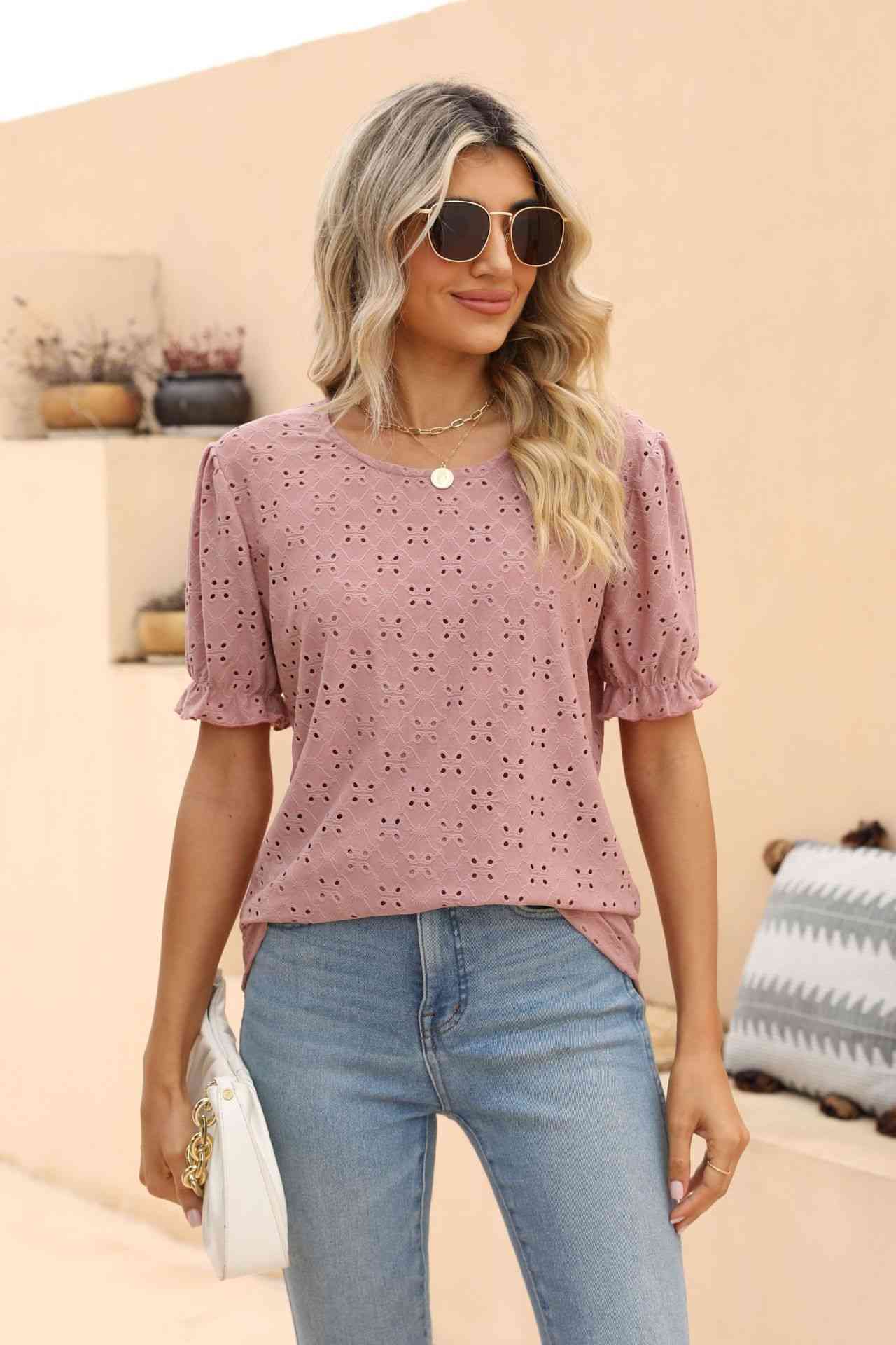 swvws Openwork Round Neck Flounce Sleeve T-Shirt