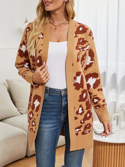 swvws Leopard Open Front Dropped Shoulder Cardigan