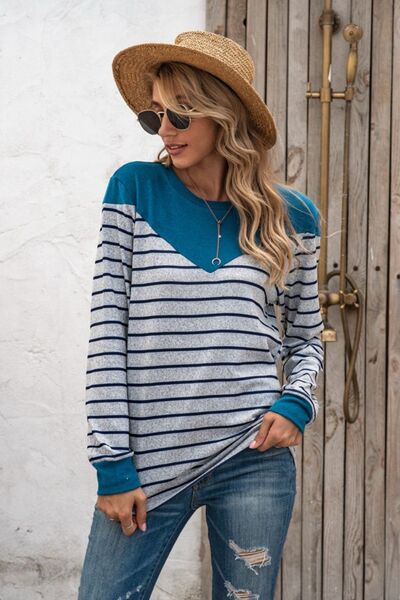 swvws Striped Round Neck Long Sleeve T-Shirt