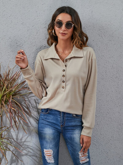 swvws Half Button Dropped Shoulder Blouse