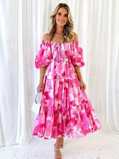 swvws Printed Smocked Off-Shoulder Tiered Dress