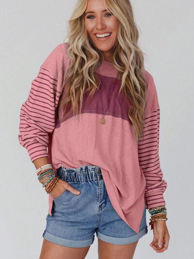 swvws Round Neck Striped Long Sleeve Slit T-Shirt