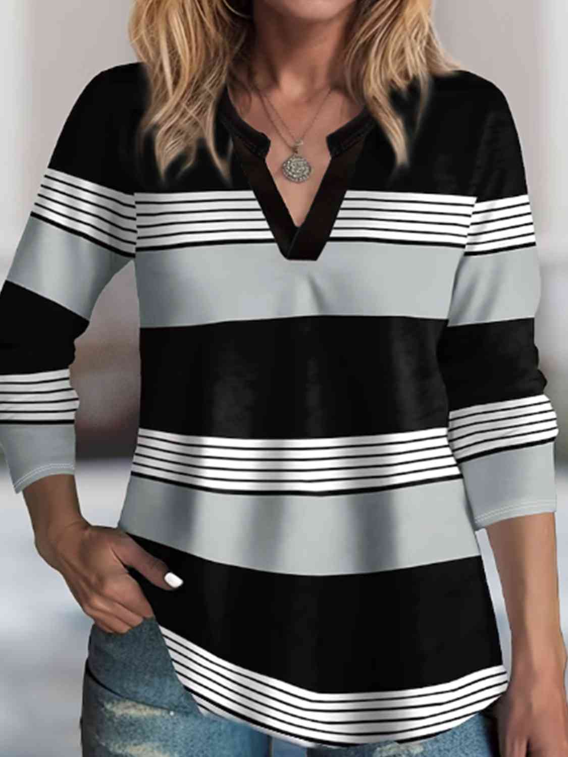 swvws Striped Notched Long Sleeve T-Shirt