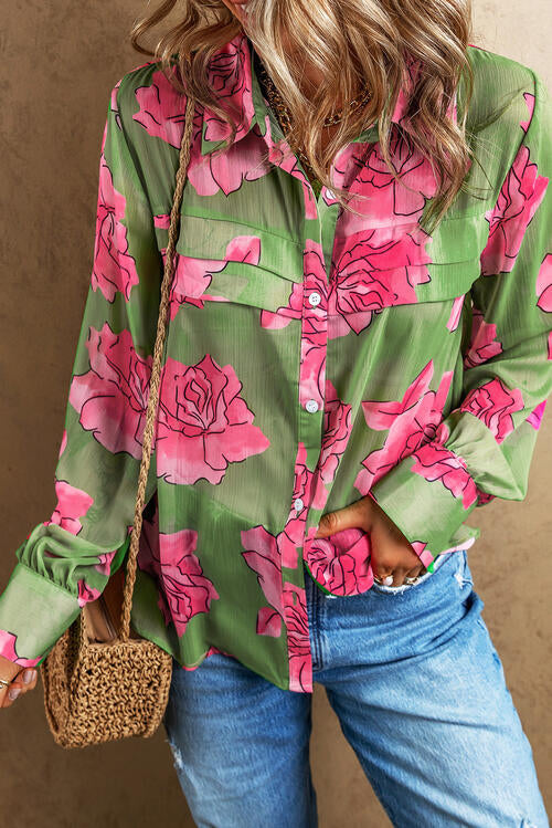 swvws Flower Collared Neck Long Sleeve Shirt