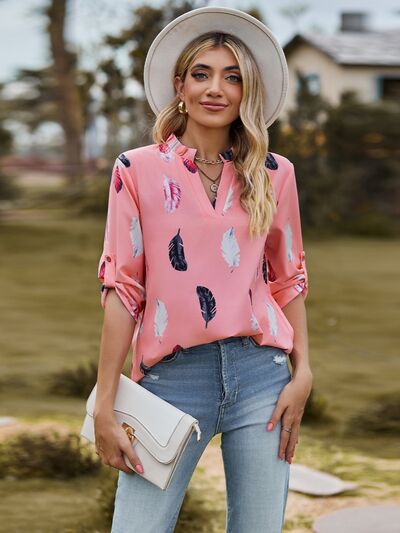 swvws Printed Frill Notched Roll-Tab Sleeve Blouse