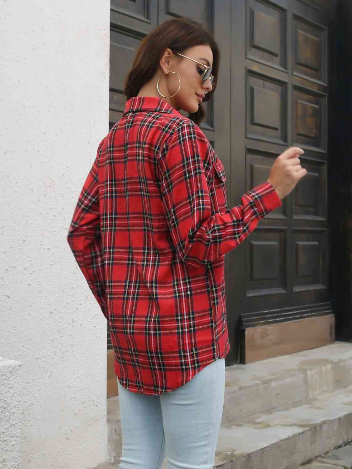 swvws Plaid Collared Neck Buttoned Shirt with Pockets