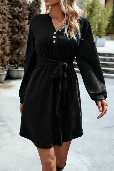 swvws Notched Tie Waist Dropped Shoulder Mini Dress