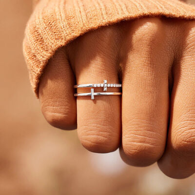 swvws 925 Sterling Silver Double Cross Ring