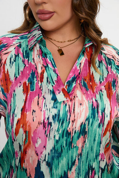 swvws Plus Size Printed Johnny Collar Long Sleeve Blouse