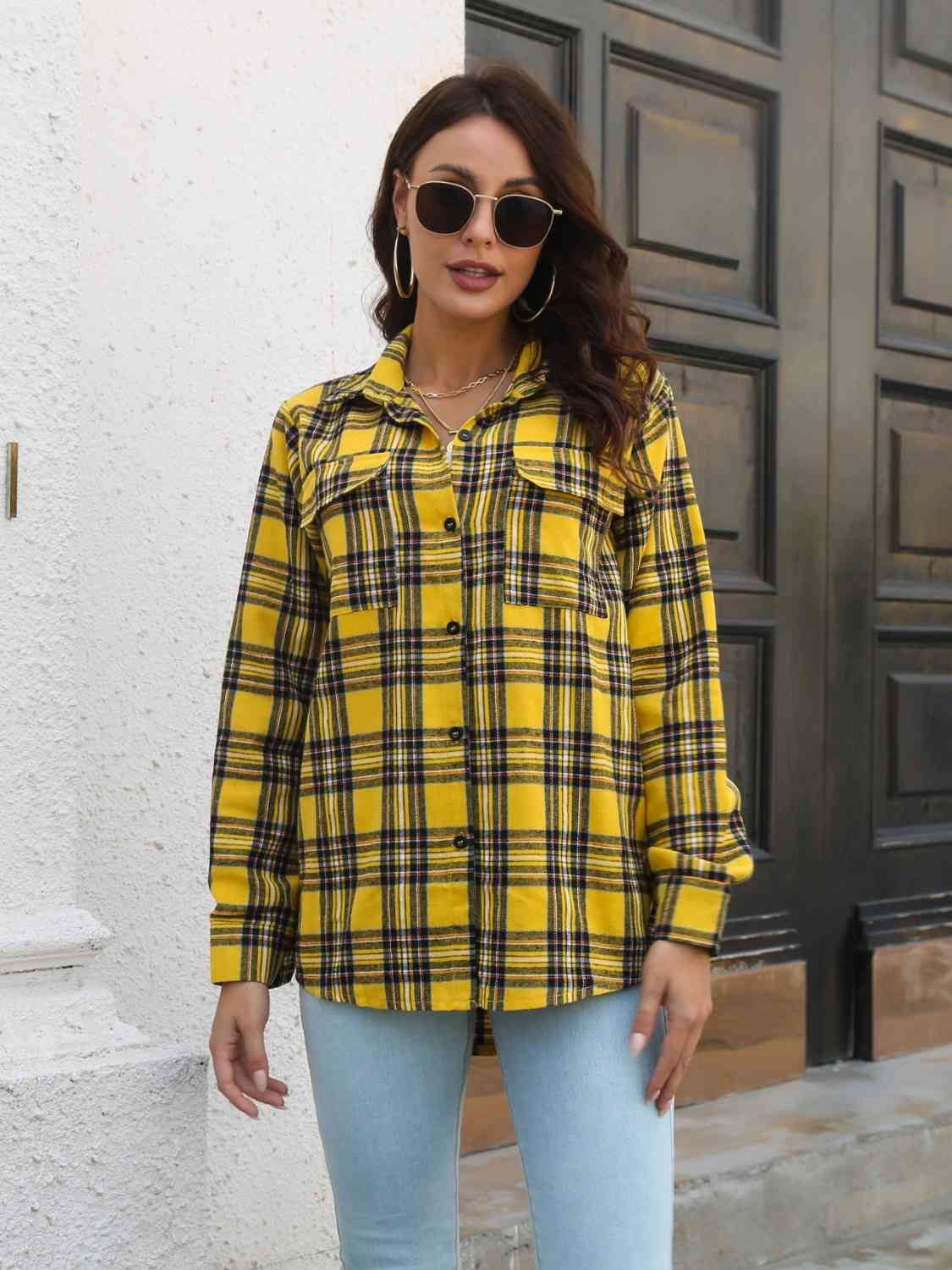 swvws Plaid Collared Neck Buttoned Shirt with Pockets