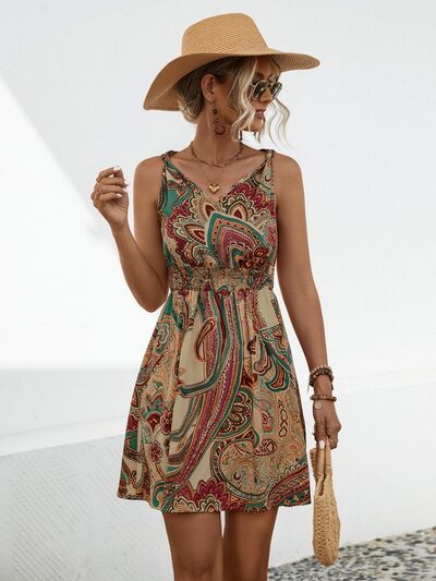 swvws Smocked Printed V-Neck Mini Dress