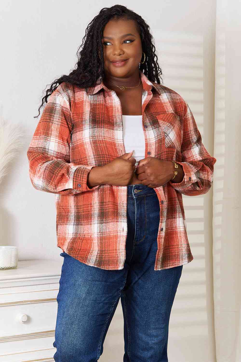 swvws Double Take Plaid Collared Neck Long Sleeve Shirt