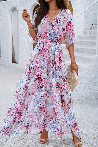 swvws Printed Tied Half Sleeve Slit Dress