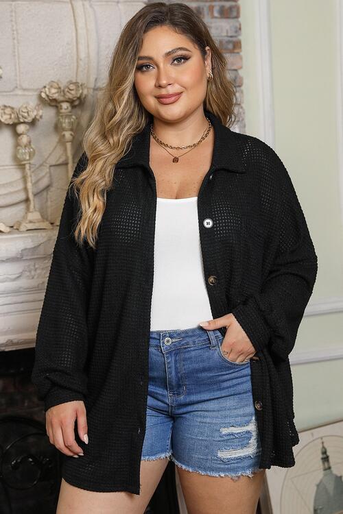 swvws Plus Size Waffle Knit Button Up Collared Neck Shirt