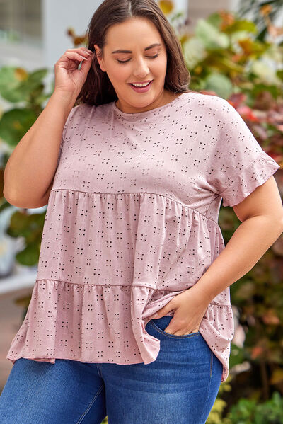 swvws Plus Size Eyelet Round Neck Short Sleeve Blouse