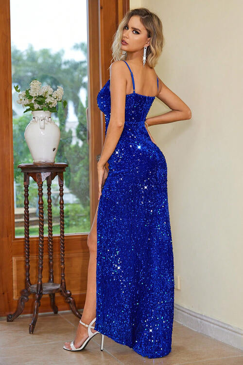 swvws Party Sequin Slit Spaghetti Strap Dress