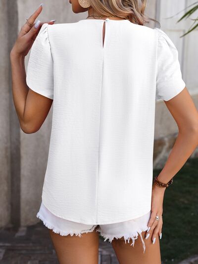 swvws Ruched Round Neck Petal Sleeve Blouse