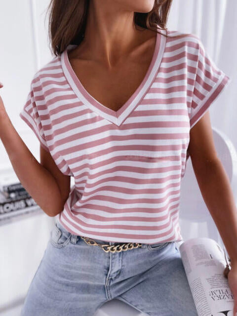 swvws Striped V-Neck Short Sleeve T-Shirt