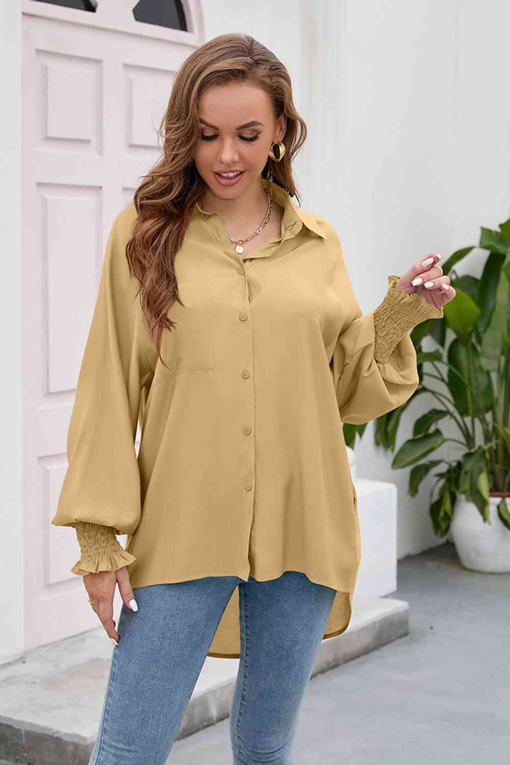 swvws High-Low Collared Neck Lantern Sleeve Shirt