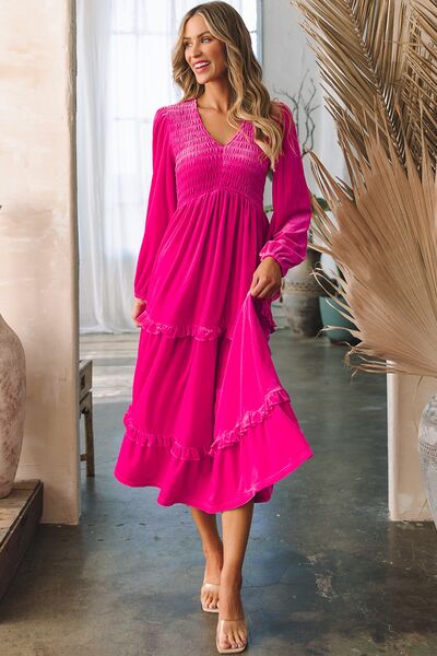 swvws Frill V-Neck Balloon Sleeve Tiered Dress