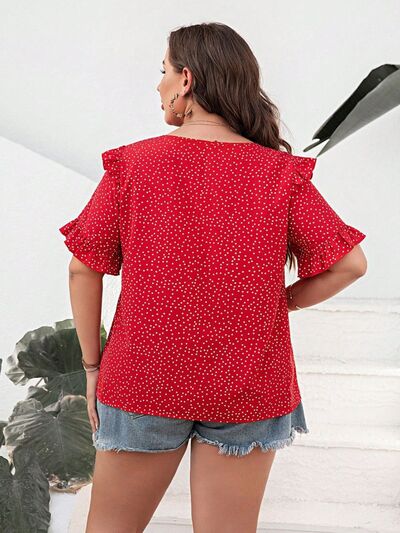 swvws Plus Size Printed Notched Flounce Sleeve Blouse