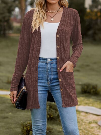 swvws Ribbed Button Up Long Sleeve Cardigan