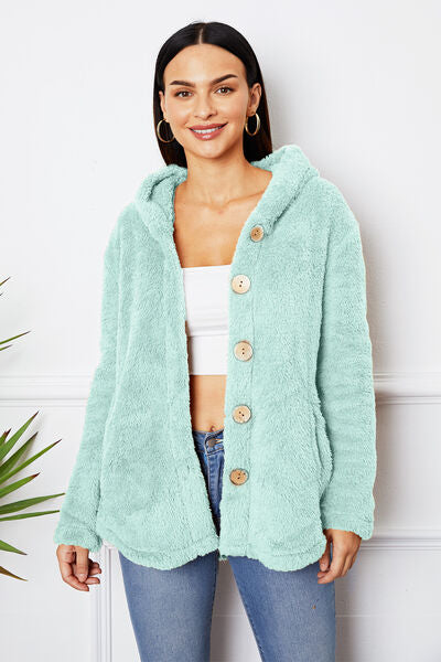 swvws Fuzzy Button Up Hooded Outerwear