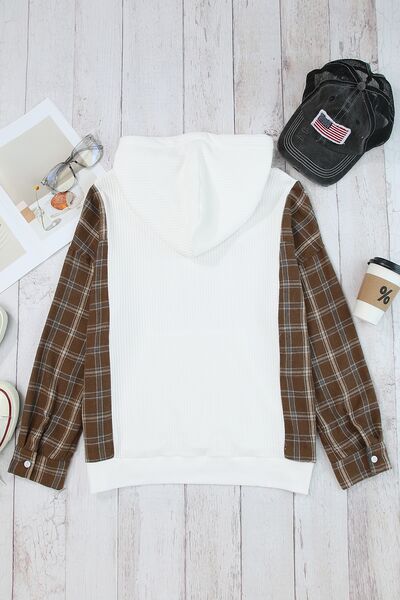 swvws Plaid Waffle-Knit Drawstring Kangaroo Pocket Hoodie