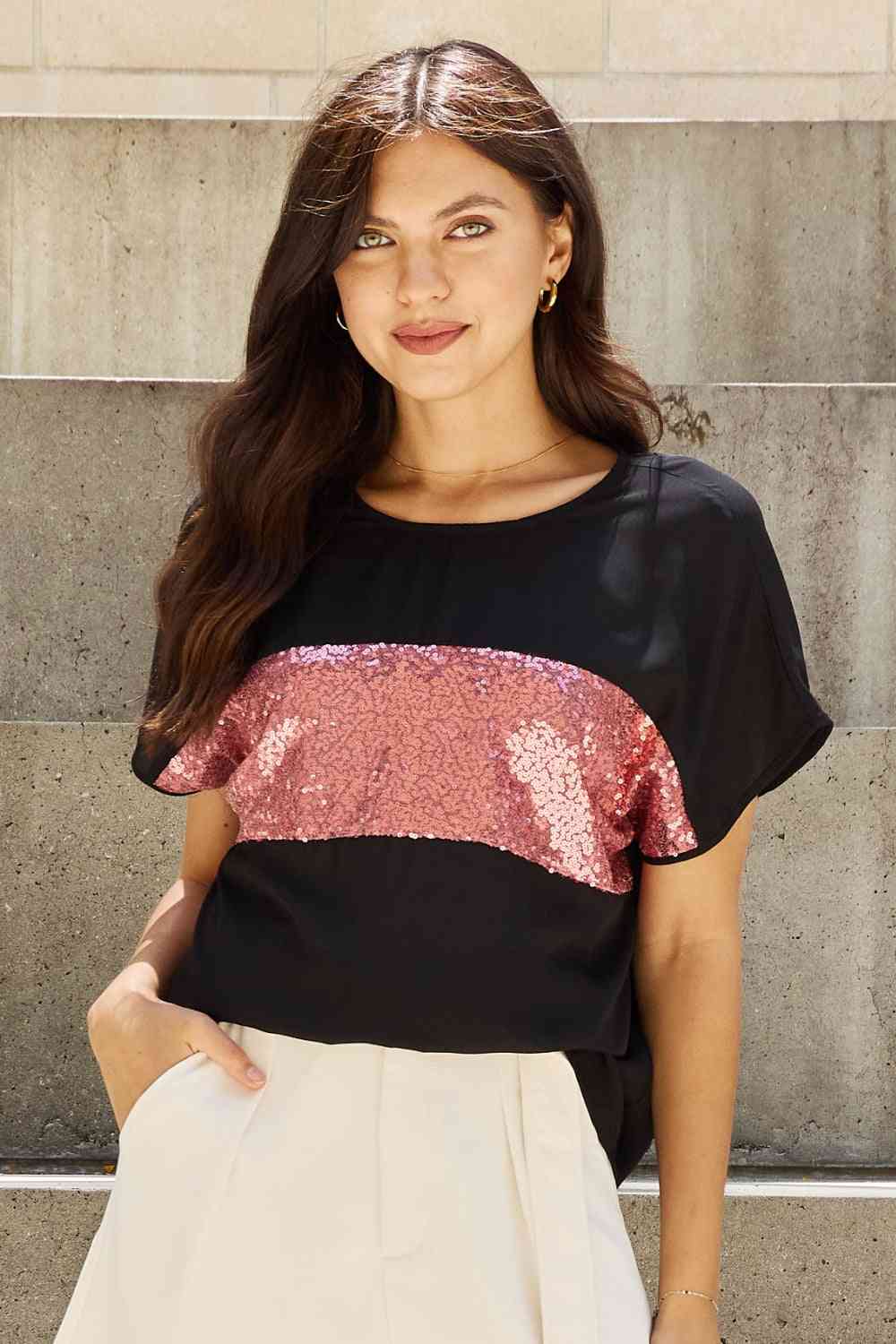 swvws Sew In Love Shine Bright Full Size Center Mesh Sequin Top in Black/Mauve