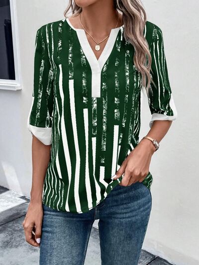 swvws Striped Notched Half Sleeve Blouse