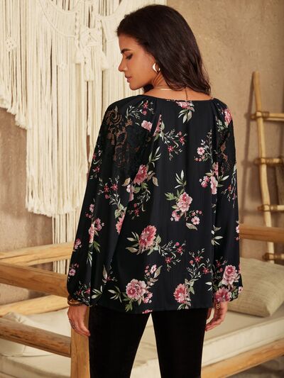 swvws Flower Printed Tie Neck Long Sleeve Blouse