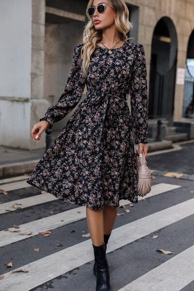 swvws Printed Round Neck Flounce Sleeve Dress