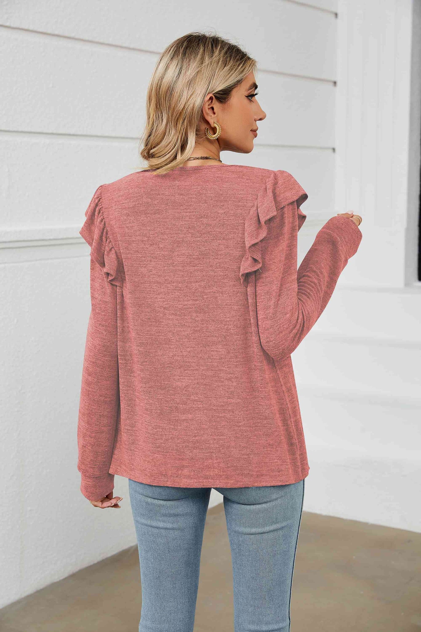 swvws Square Neck Ruffle Shoulder Long Sleeve T-Shirt