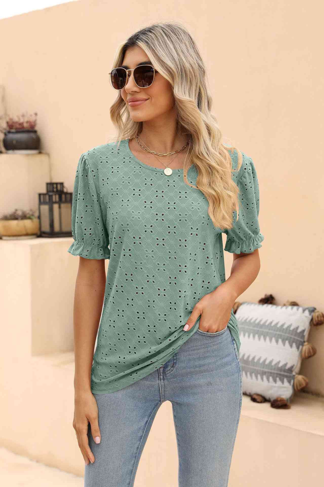 swvws Openwork Round Neck Flounce Sleeve T-Shirt